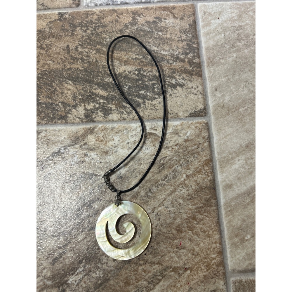 Mother of Pearl Shell Spiral Pendant Necklace Black Cord Iridescent Boho Wave